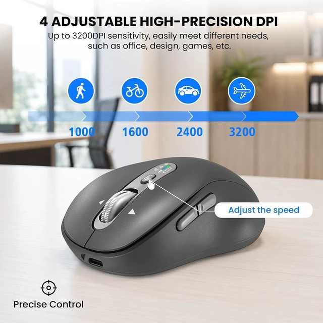 Alt view image 5 of 7 - Wireless Bluetooth Mouse,Multi Device Ergo Computer Mouses,Metal 4-Way Super Scrolling,± 3200 DPI,10 Buttons,Plug&Play,Quiet,Rechargeable,USB Cordless Mice for Laptop,Tablet,Mac,iPad,PC,Phone All Grey