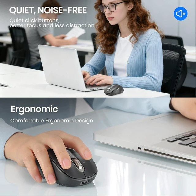 Alt view image 6 of 7 - Wireless Bluetooth Mouse,Multi Device Ergo Computer Mouses,Metal 4-Way Super Scrolling,± 3200 DPI,10 Buttons,Plug&Play,Quiet,Rechargeable,USB Cordless Mice for Laptop,Tablet,Mac,iPad,PC,Phone All Grey