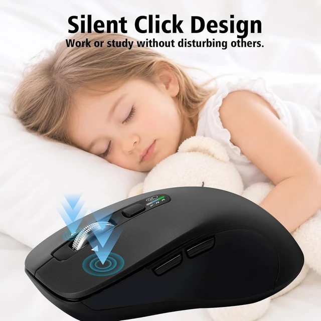 Alt view image 6 of 7 - Wireless Bluetooth Mouse (USB + BT1 + BT2), Full Size, 4-Way Scrolling, Multi-Device Silent Mouse for Computer, Laptop, iPad, MacBook (Black)