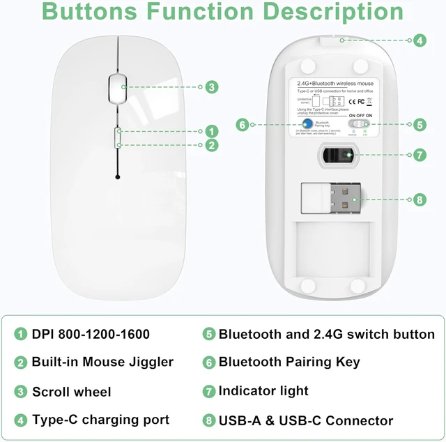 Alt view image 7 of 7 - Gizdot-S1 Mouse for iPad/MacBook Air/Pro & Laptop, Bluetooth Wireless Rechargeable Mouse with Type-C, Slim Mouse Jiggler for iMac, 4 Connection Modes, Silent Click, 1600 DPI Compatible Mac OS/Windows