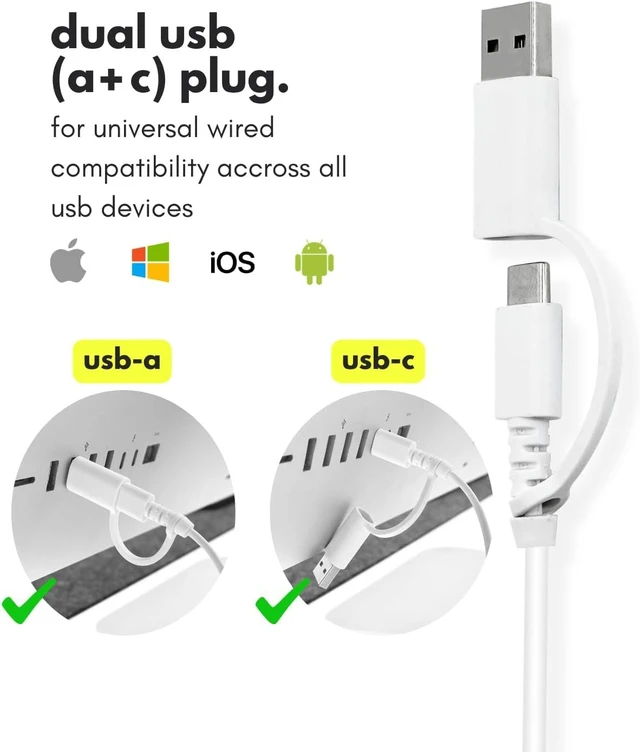 Alt view image 3 of 7 - Macally Wired Mouse for Mac and PC - Dual USB C + A Plug - Simple Ambidextrous 3 Button USB Mouse Wired with Scroll Wheel and 1200 DPI Optical Sensor - for Apple, MacBook, iMac, Laptop and PC - White