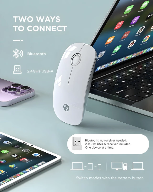 Alt view image 2 of 7 - RAPIQUE Bluetooth Wireless Mouse, BT5.1 2.4G Slim Dual Mode, White