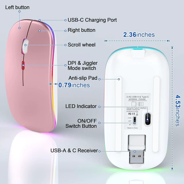 Alt view image 7 of 7 - Gizdot-R1 LED Wireless Mouse for MacBook & iPad, Bluetooth 5.2/2.4G, USB-C Rechargeable Silent Click, 800/1200/1600 DPI, 2-Device Switch, Slim Portable USB-A/C (LED Wireless Mouse, Rose Gold)