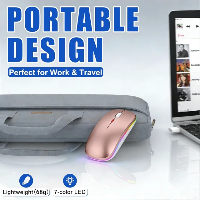 Alt view image 6 of 7 - Gizdot-R1 LED Wireless Mouse for MacBook & iPad, Bluetooth 5.2/2.4G, USB-C Rechargeable Silent Click, 800/1200/1600 DPI, 2-Device Switch, Slim Portable USB-A/C (LED Wireless Mouse, Rose Gold)