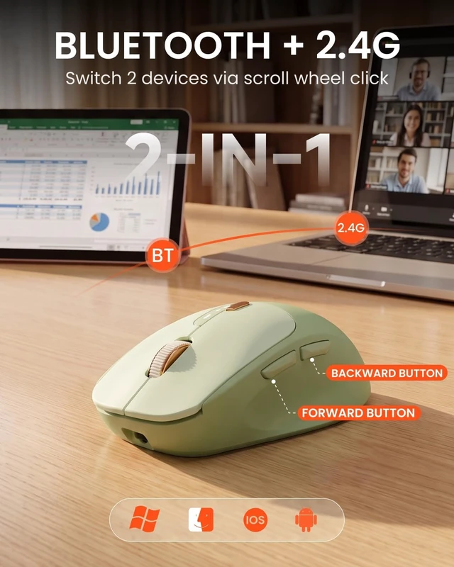 Alt view image 3 of 7 - Wireless Mouse, Bluetooth 5.0 & 2.4G, Visible Battery Indicator - Green