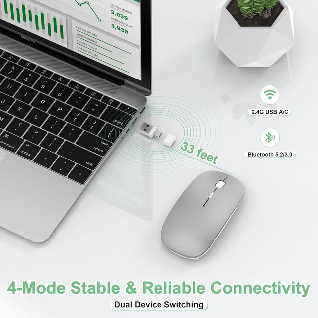 Alt view image 3 of 7 - Gizdot-S1 Wireless Mouse for Mac/MacBook Air/Pro & iPad, Bluetooth Rechargeable Mouse with Type-C, Slim Mouse Jiggler for Laptop, 4 Connection Modes, Silent Click, 1600 DPI Compatible Mac OS/Windows