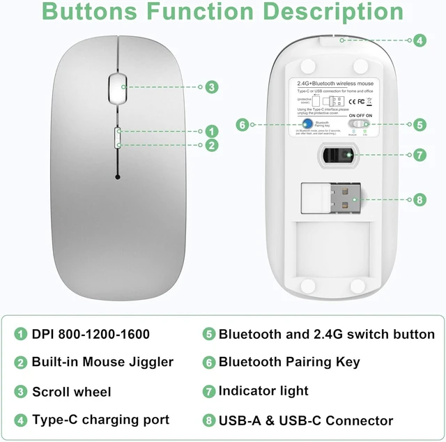 Alt view image 7 of 7 - Gizdot-S1 Wireless Mouse for Mac/MacBook Air/Pro & iPad, Bluetooth Rechargeable Mouse with Type-C, Slim Mouse Jiggler for Laptop, 4 Connection Modes, Silent Click, 1600 DPI Compatible Mac OS/Windows