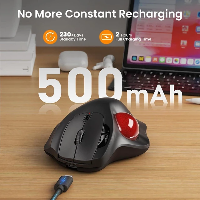 Alt view image 6 of 7 - Wireless Trackball Mouse, Rechargeable Thumb Control 3 Devices - Red Ball