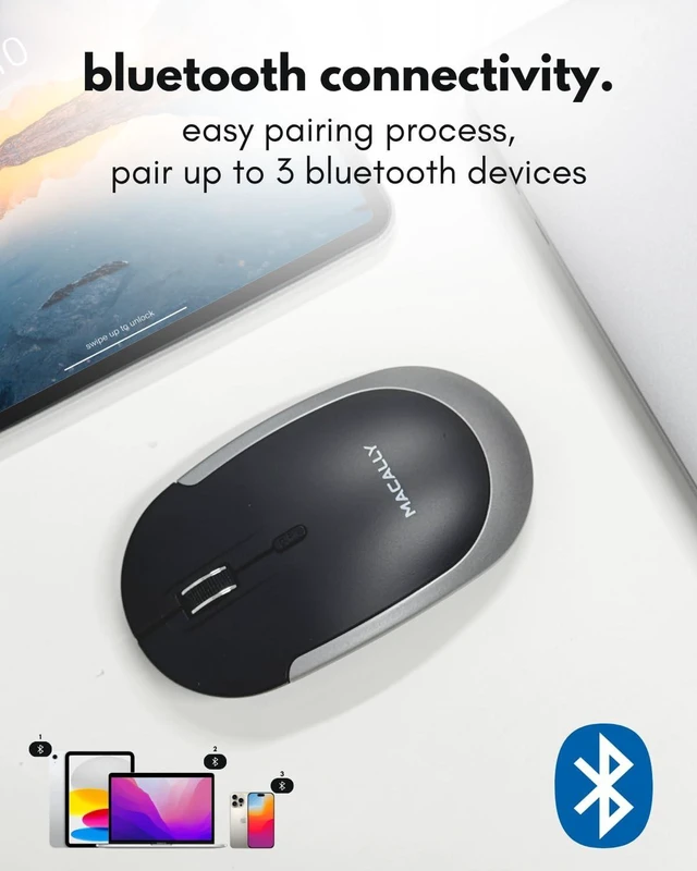Alt view image 3 of 7 - Macally Wireless Bluetooth Mouse for Mac, MacBook Pro/Air, iPad, Laptop, and PC - Quiet Click and Comfortable Apple Wireless Mouse - Rechargeable - Space Gray