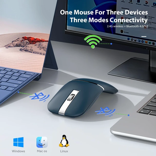 Alt view image 3 of 7 - Bluetooth Wireless Arc Travel Mouse, Bluetooth 5.0/4.0 & 2.4G Tri-Mode, Rotating Foldable Ergonomic Mice, Type-C Rechargeable Multi-Device for Microsoft Laptop, PC, MacBook, Chromebook, Lenovo - Blue