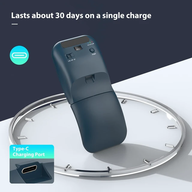 Alt view image 6 of 7 - Bluetooth Wireless Arc Travel Mouse, Bluetooth 5.0/4.0 & 2.4G Tri-Mode, Rotating Foldable Ergonomic Mice, Type-C Rechargeable Multi-Device for Microsoft Laptop, PC, MacBook, Chromebook, Lenovo - Blue