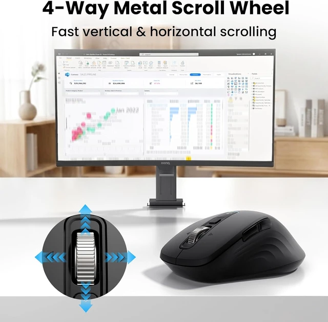 Alt view image 2 of 7 - Wireless Bluetooth Mouse, Multi-Device Ergonomic Mouse with 5 Programmable Buttons, 4-Way Metal Scroll Wheel,4800 DPI Adjustable, 18-Month Battery Life, Silent Click, for Laptop, PC, Mac - Black