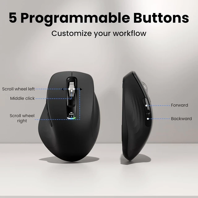 Alt view image 4 of 7 - Wireless Bluetooth Mouse, Multi-Device Ergonomic Mouse with 5 Programmable Buttons, 4-Way Metal Scroll Wheel,4800 DPI Adjustable, 18-Month Battery Life, Silent Click, for Laptop, PC, Mac - Black