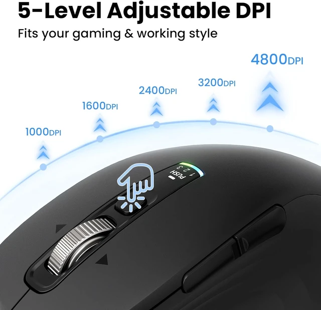 Alt view image 5 of 7 - Wireless Bluetooth Mouse, Multi-Device Ergonomic Mouse with 5 Programmable Buttons, 4-Way Metal Scroll Wheel,4800 DPI Adjustable, 18-Month Battery Life, Silent Click, for Laptop, PC, Mac - Black