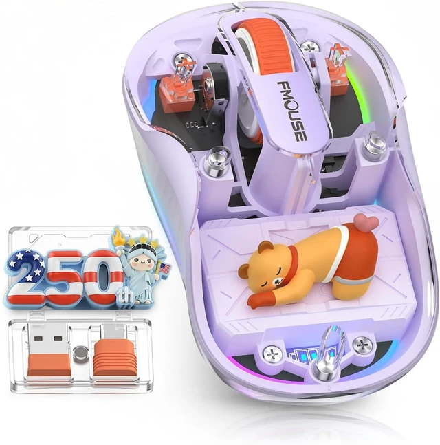 Main image of FMOUSE Transparent Wireless Mouse, 2 Cute 2026 Figurines, Tri-Mode, Purple