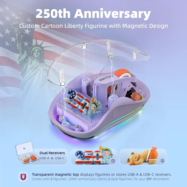 Alt view image 2 of 7 - FMOUSE Transparent Wireless Mouse, 2 Cute 2026 Figurines, Tri-Mode, Purple