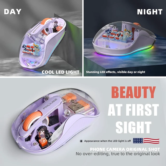Alt view image 6 of 7 - FMOUSE Transparent Wireless Mouse, 2 Cute 2026 Figurines, Tri-Mode, Purple
