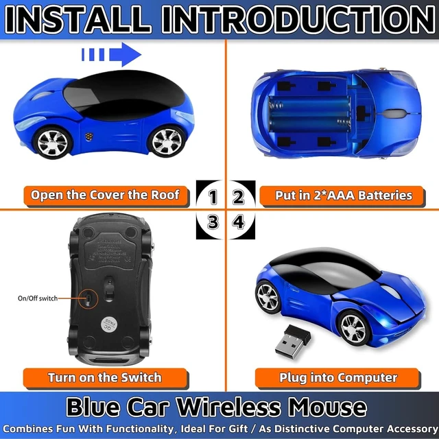 Alt view image 4 of 6 - HuGuWdy Blue Cute Wireless Mouse2.4G with USB Reciver 1600DPI Car Mouse for Computer Laptop Tablet for Windows for Mac OS for ChristmasBlue