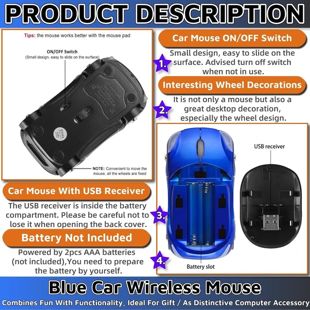 Alt view image 5 of 6 - HuGuWdy Blue Cute Wireless Mouse2.4G with USB Reciver 1600DPI Car Mouse for Computer Laptop Tablet for Windows for Mac OS for ChristmasBlue