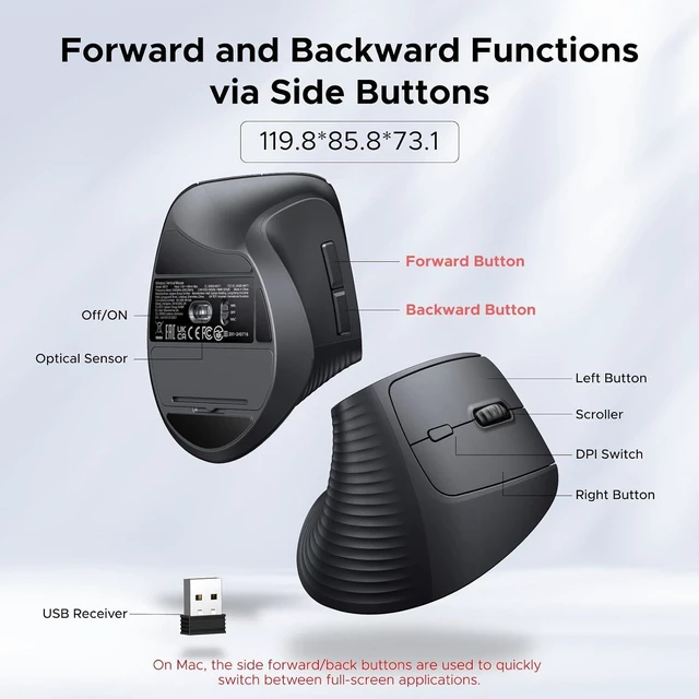 Alt view image 5 of 7 - UGREEN 2.4G Mouse Wireless Vertical Ergonomic Mouse, Adjustable DPI Office Cordless 6 Buttons, Computer Mouse with 1000/1600/2000/4000 DPI for Windows/Mac OS etc