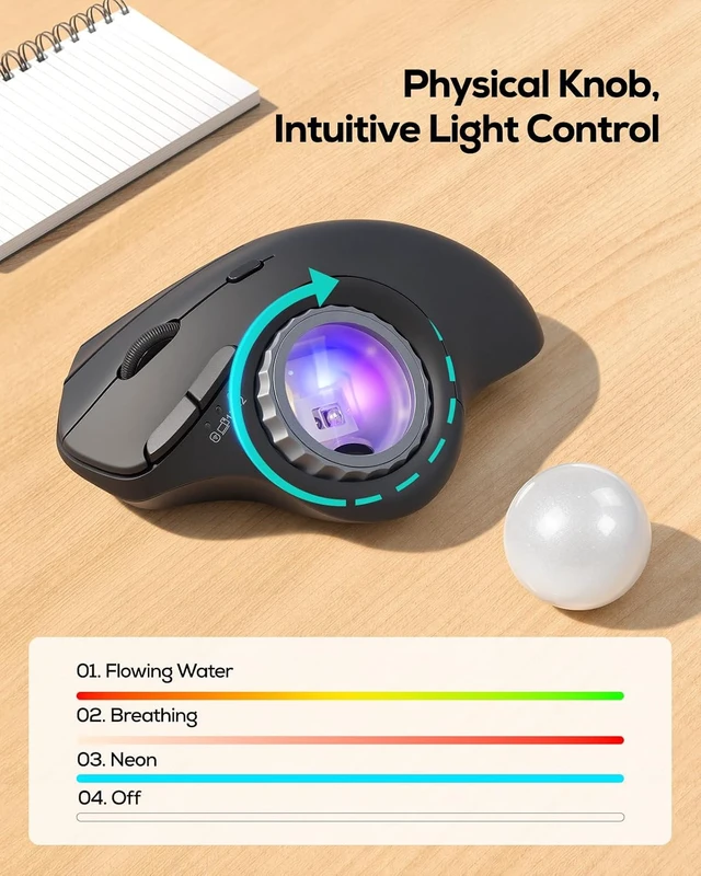 Alt view image 4 of 7 - Nulea M508 Wireless Trackball Mouse, Ergonomic Mouse with RGB Thumb Control