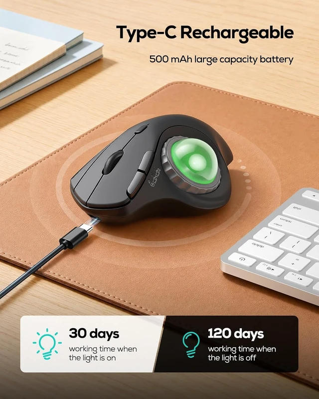 Alt view image 7 of 7 - Nulea M508 Wireless Trackball Mouse, Ergonomic Mouse with RGB Thumb Control