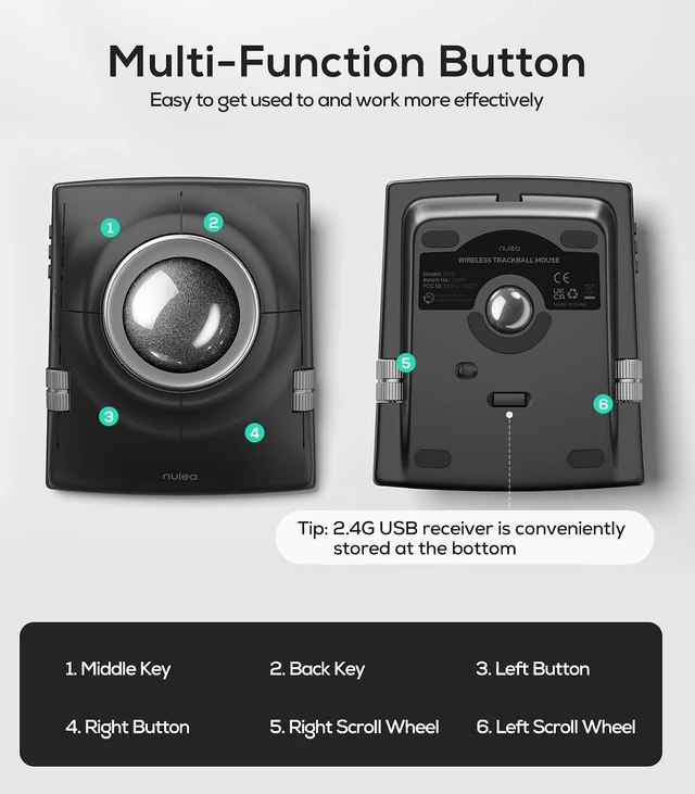 Alt view image 7 of 7 - Nulea Wireless Trackball Mouse Ergonomic 55mm Large Ball Ambidextrous