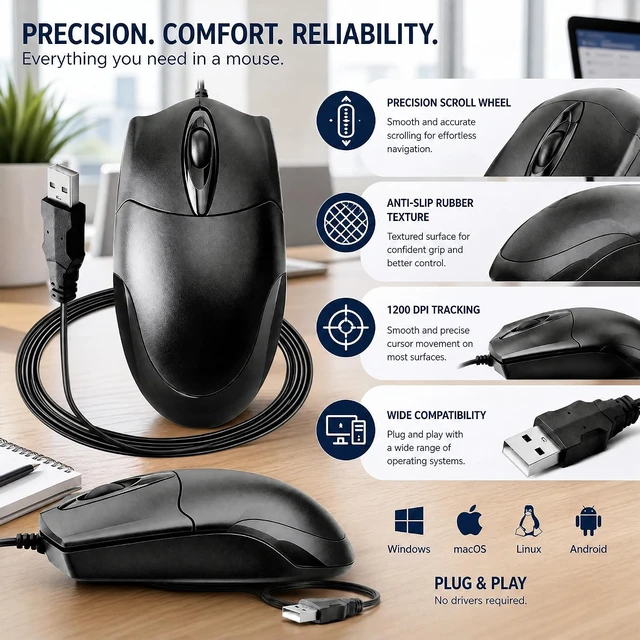 Alt view image 4 of 7 - 5-Pack Wired USB Mouse, 1200 DPI Ergonomic 3-Button, 5FT Cable