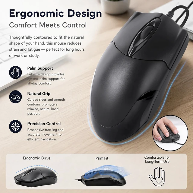 Alt view image 5 of 7 - 5-Pack Wired USB Mouse, 1200 DPI Ergonomic 3-Button, 5FT Cable