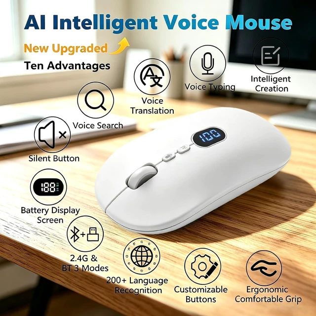 Alt view image 2 of 7 - Ai Mouse with Voice Typing & ChatGPT Smart Mouse TriMode(W30White)