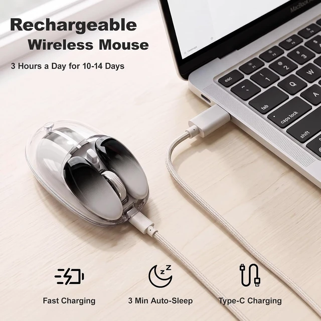 Alt view image 4 of 7 - Transparent Wireless Mouse with RGB, Tri-Mode 2.4GHz/USB-C/Bluetooth Computer Mouse with 6400 DPI, Rechargeable, Cute Rabbit Mice for Laptop, PC, Mac, iPad, iPhone - White