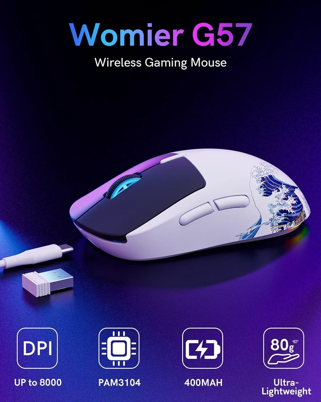 Alt view image 2 of 7 - G57 wireless gaming mouse 80g tri-mode 2.4G BT USB-C