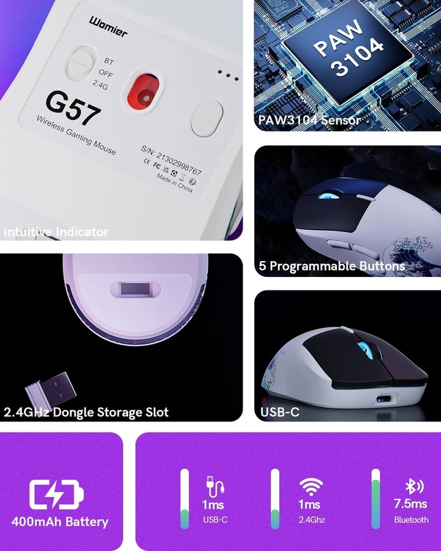 Alt view image 3 of 7 - G57 wireless gaming mouse 80g tri-mode 2.4G BT USB-C