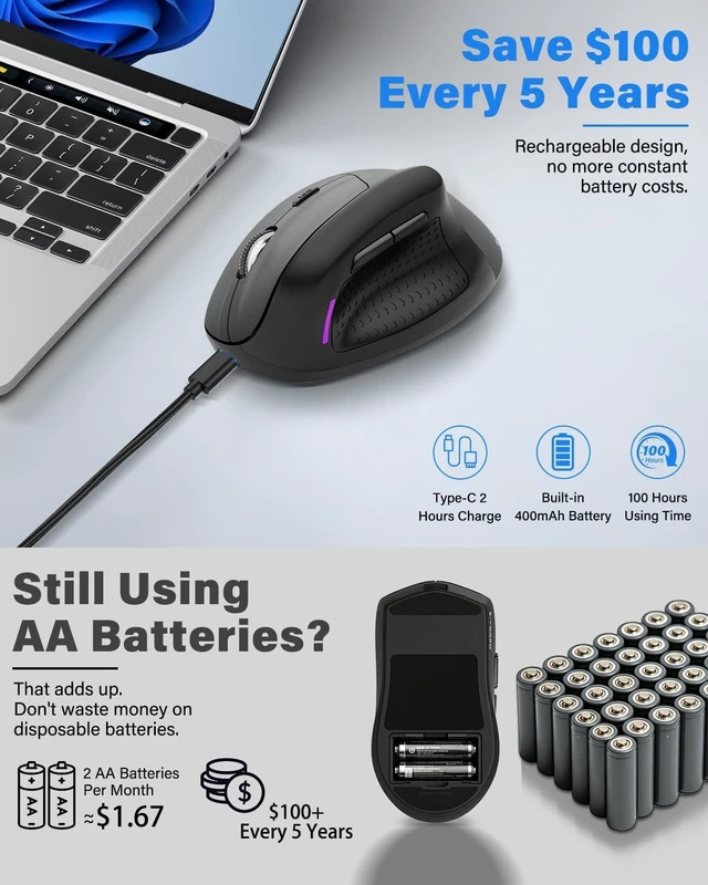 Alt view image 4 of 7 - X45 Ergonomic Vertical Mouse, Bluetooth & Wireless Mice, Quiet Clicks