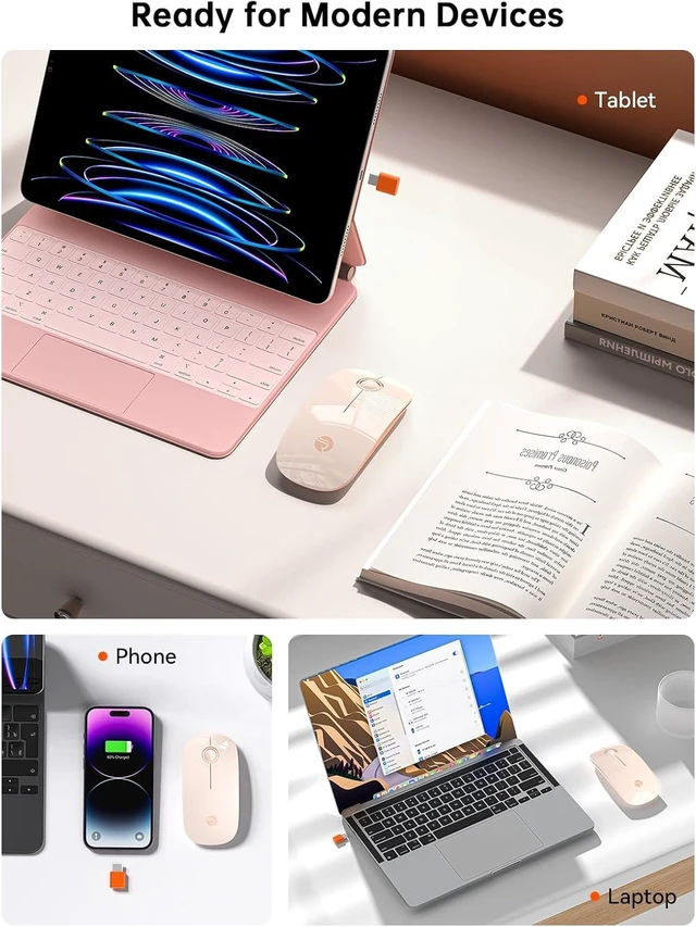Alt view image 3 of 7 - RAPIQUE USB C Wireless Mouse for MacBook, 2.4GHz USB-C Receiver, Flesh Pink