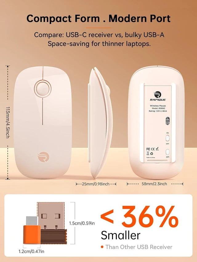 Alt view image 6 of 7 - RAPIQUE USB C Wireless Mouse for MacBook, 2.4GHz USB-C Receiver, Flesh Pink