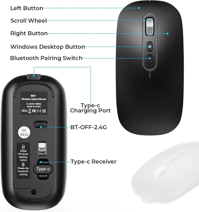 Alt view image 7 of 7 - Rechargeable USB C Wireless Mouse, Bluetooth & 2.4G for MacBook Air/Pro