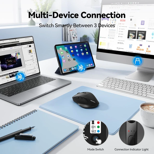 Alt view image 2 of 7 - TECKNET Rechargeable Bluetooth Mouse, BT5.0/BT3.0/2.4G Wireless Mouse-Black