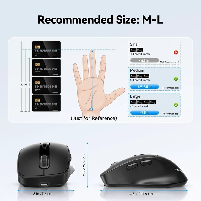 Alt view image 3 of 7 - TECKNET Rechargeable Bluetooth Mouse, BT5.0/BT3.0/2.4G Wireless Mouse-Black