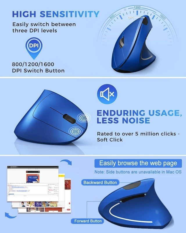 Alt view image 3 of 5 - Ergonomic Mouse Wireless, Rechargeable Mouse Silent for Carpal Tunnel Right Hand, 2.4GHz USB Vertical Mouse Wireless for Laptop etc, 3 Adjustable 800/1200/1600 DPI, Blue