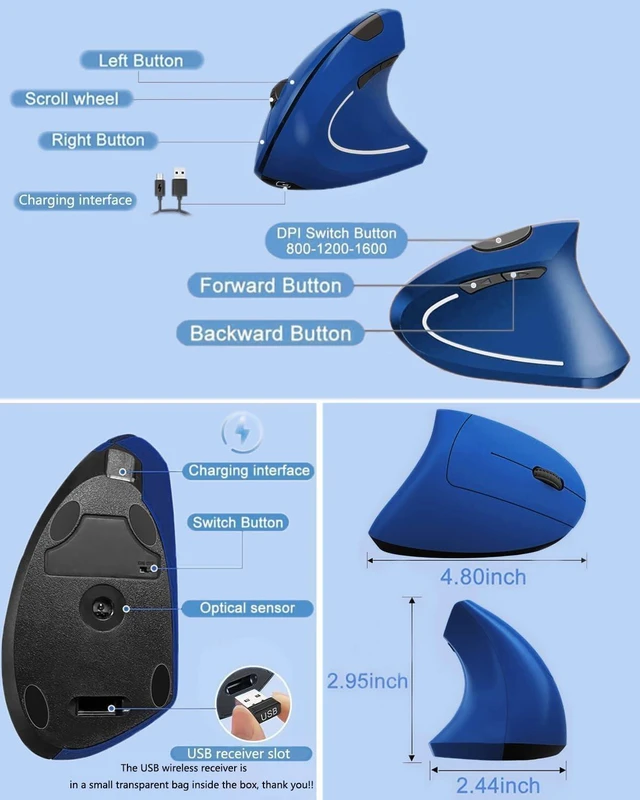 Alt view image 4 of 5 - Ergonomic Mouse Wireless, Rechargeable Mouse Silent for Carpal Tunnel Right Hand, 2.4GHz USB Vertical Mouse Wireless for Laptop etc, 3 Adjustable 800/1200/1600 DPI, Blue