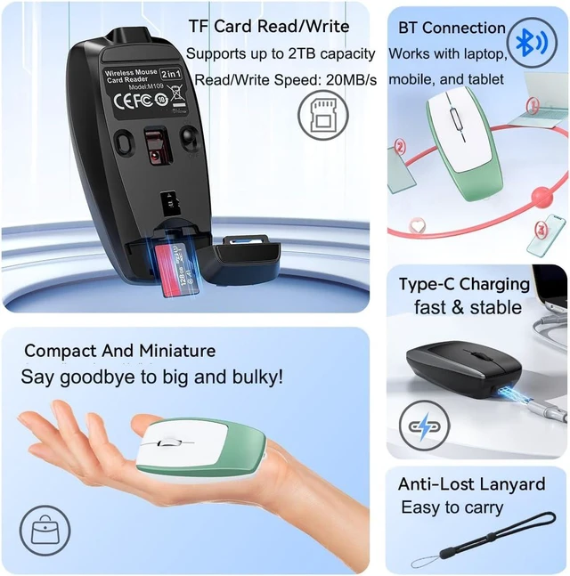 Alt view image 6 of 7 - Wireless Mouse Mini Small Finger Bluetooth Mouse with TF Card Reader,Silent Pocket Portable Handheld Tiny Compact USB Travel Optical Mice for PC Laptop Computer Macbook Tablet Kids Women Men Gift