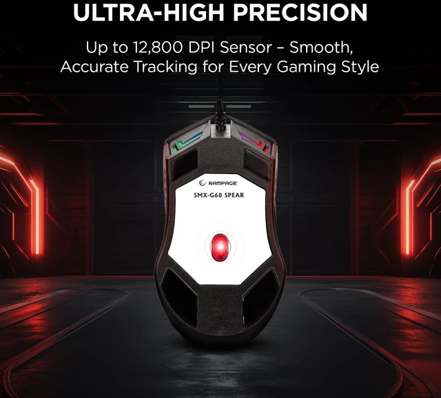 Alt view image 5 of 7 - Rampage Spear V2 Black Wired Gaming Mouse with RGB Lighting 12800 DPI, 7 Programmable Buttons, Lightweight Ergonomic Gaming Mouse for PC/Mac/Laptop Gamers