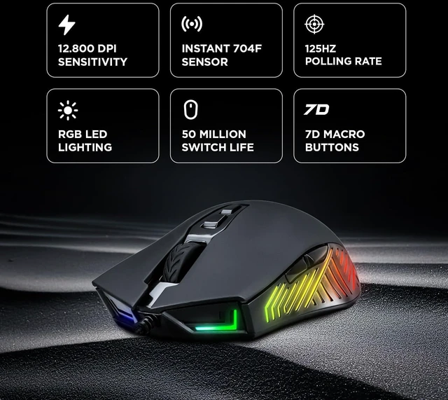 Alt view image 2 of 7 - Rampage Spear V2 Black Wired Gaming Mouse with RGB Lighting 12800 DPI, 7 Programmable Buttons, Lightweight Ergonomic Gaming Mouse for PC/Mac/Laptop Gamers