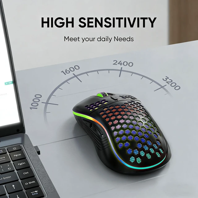 Alt view image 3 of 7 - MELOGAGA Wireless Gaming Mouse RGB Rechargeable Lightweight Honeycomb Black