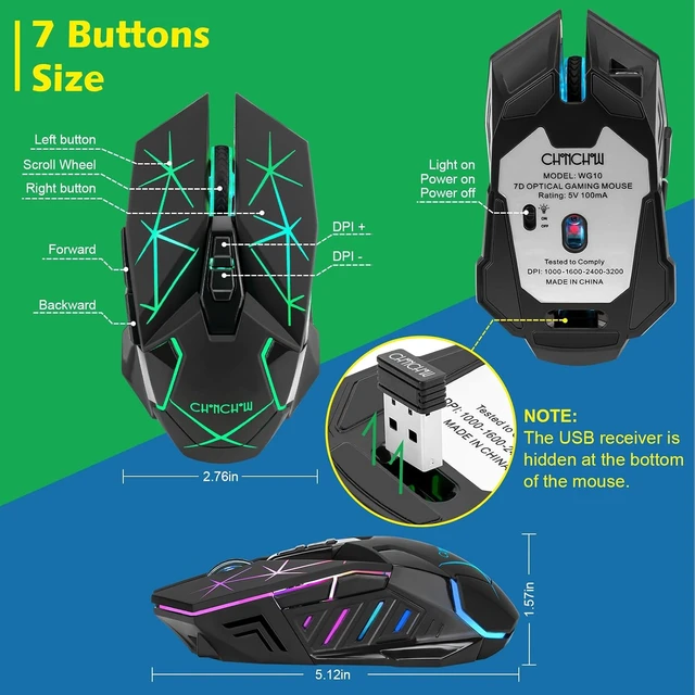 Alt view image 7 of 7 - Rechargeable Wireless Gaming Mouse with Light Up, 3200 DPI for PC Computer