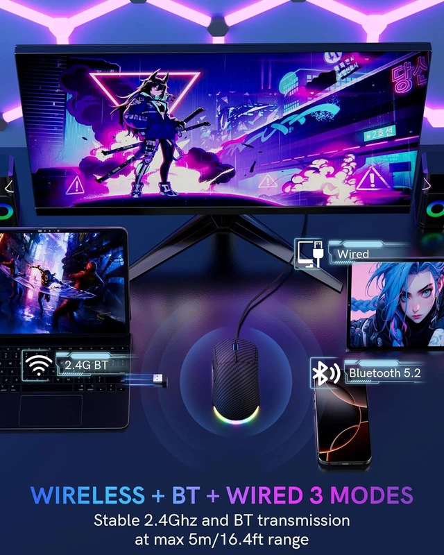 Alt view image 2 of 7 - G57 Wireless Gaming Mouse, 8000 DPI, Carbon Fiber Pattern