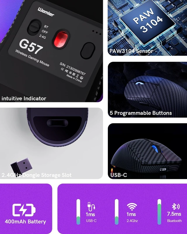 Alt view image 7 of 7 - G57 Wireless Gaming Mouse, 8000 DPI, Carbon Fiber Pattern