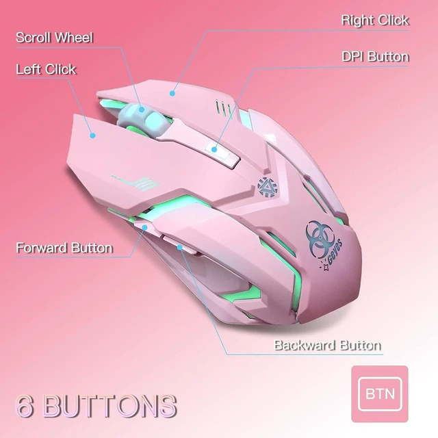 Alt view image 6 of 7 - VEGCOO Pink Wireless Gaming Mouse, Silent Click Wireless Mouse with Colorful RGB LED Lights, Rechargeable Computer Mice with Side Buttons and 3 Level DPI, for Laptop and Desktop