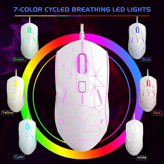Alt view image 2 of 7 - MageGee G6 Wired Gaming Mouse, Ergonomic USB Optical Mouse with 7 Colors Breathing LED Backlit, 6 Adjustable Speed Levels from 600 to 3200 for Laptop PC Computer Games & Work, White